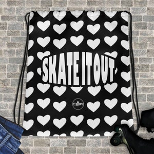 Black and White Heart Pattern with Skate it Out Drawstring Bag | Skate Drawstring Bag | Skate Backpack
