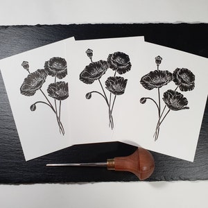 Grußkarte Geburtstagskarte Linoldruck Linolschnitt Linolschnitt Linoldruck Fine Artprint Mohnblume schwarz