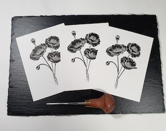 Greeting Birthday Card Linoldruck Linolschnitt Linocut Linoprint Print Fine Artprint Poppy Flower black