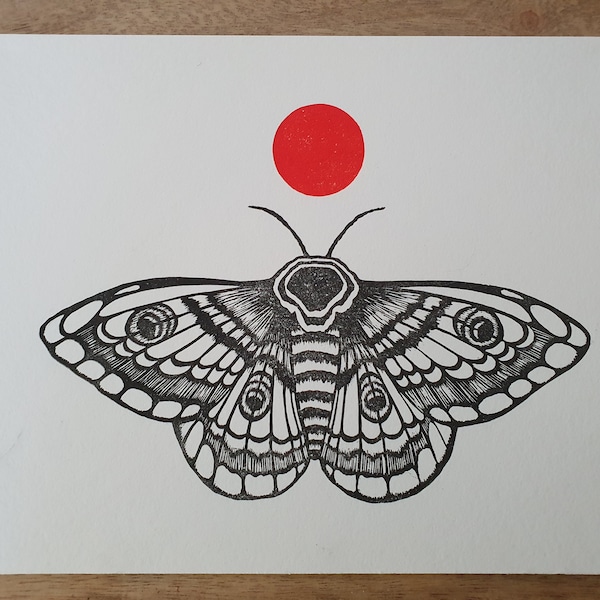 Linoldruck Linolschnitt Linocut Linoprint Print Artprint Moth with Sun