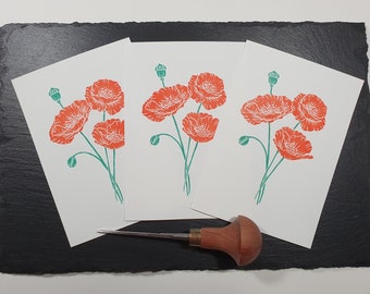 Greeting Birthday Card Linoldruck Linolschnitt Linocut Linoprint Print Fine Artprint Poppy Flower red green