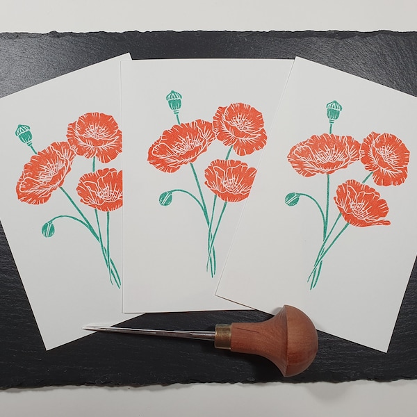 Greeting Birthday Card Linoldruck Linolschnitt Linocut Linoprint Print Fine Artprint Poppy Flower red green