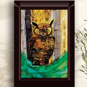 Long-Horned Owl Art Print: Watercolor Forest Theme