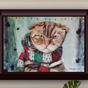Bah Humbug Cat Art Print, Festive Christmas Watercolor Painting, recreated as a Wall Art Print, Grumpy Cat Christmas, Animal Lover Art gift