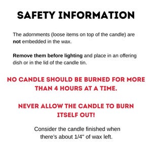 safety information regarding candles, including instructions on how to properly dispose of them and the maximum time a candle should be allowed to burn.