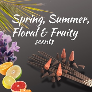 May include: Image features incense sticks and cones with the text "Spring, Summer, Floral & Fruity scents." Sliced citrus fruits and lavender flowers are also visible. The incense cones are orange, and the sticks are brown.