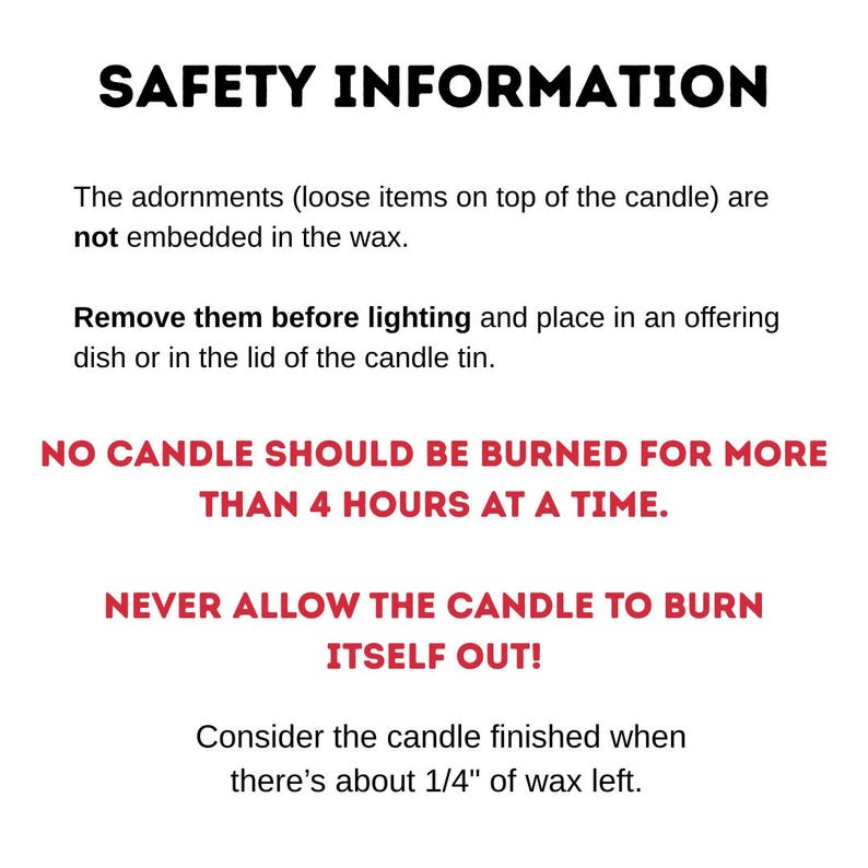safety information regarding candles, including instructions on how to properly dispose of them and the maximum time a candle should be allowed to burn.