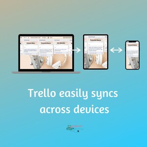 May include: A laptop, tablet, and smartphone display a Trello interface, illustrating synchronization across devices. The image includes the text "Trello easily syncs across devices."