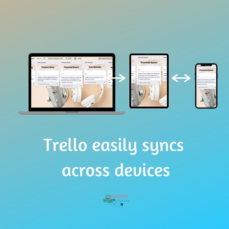 May include: A laptop, tablet, and smartphone display a Trello interface, illustrating synchronization across devices. The image includes the text "Trello easily syncs across devices."