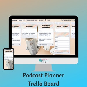 May include: A computer monitor and smartphone display a podcast planner Trello board. The monitor shows a workflow with sections like "To Upload" and "Published." The smartphone screen shows "Potential Guests." The text "Podcast Planner Trello Board" is at the bottom.