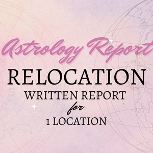 Op de afbeelding: Een roze en witte astrologie-rapport voor verhuizing, met een wereldkaart en een dierenriemwiel op de achtergrond. De tekst luidt "Astrology Report RELOCATION WRITTEN REPORT for 1 LOCATION".