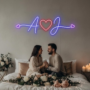 Letreiro de néon personalizado com iniciais de casamento para decoração de quarto | Luminária de néon personalizada com o nome do casal | Letreiro de néon com iniciais | Presente de néon para noivado