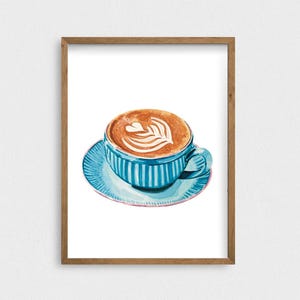 Może przedstawiać: Akwarela cappuccino w niebieskim kubku i spodku na białym tle. Kawa ma wz&oacute;r w kształcie serca w piance. Kubek i spodek mają pionowe niebieskie paski. Grafika jest oprawiona w jasnobrązową drewnianą ramę.