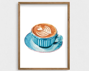 Impresión artística de taza de café, regalo para amantes del café, pintura de café con leche, arte de acuarela de café, 5" x 7", impresión de arte de pared de galería, decoración de pared acogedora