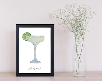 Impresión artística de margaritas, impresión para carrito de bar, pintura para amantes de las margaritas, impresión artística de acuarela de cócteles, 5” x 7”