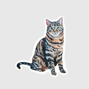 May include: A sticker featuring a watercolor illustration of a tabby cat in a seated position. The cat has brown and black stripes, green eyes, and pink inner ears. The sticker is cut around the cat's outline.