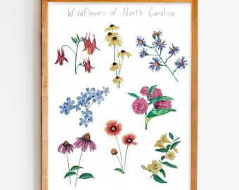 Lámina artística de flores silvestres de Carolina del Norte, colorida acuarela, arte mural, 20 x 25 cm, decoración de pared para galería, estampado floral de Carolina del Norte