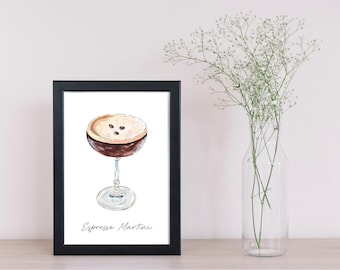 Impresión artística de Espresso Martini, impresión para carrito de bar, pintura para amantes del café, impresión artística de acuarela de cóctel, 5" x 7"