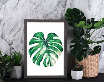 Lámina artística de hoja verde de monstera, decoración botánica para el hogar, regalo para amantes de las plantas, arte de plantas de interior tropicales.