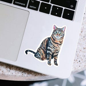 May include: A sticker featuring a watercolor illustration of a tabby cat in shades of brown, black, and orange. The cat is sitting upright with its tail curled. The sticker is placed on a white laptop.