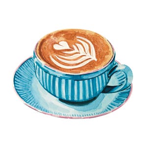 Może przedstawiać: Akwarelowa ilustracja cappuccino w niebiesko-białą filiżance i spodku w paski. Kawa ma dekoracyjny wz&oacute;r liścia w piance. Filiżanka i spodek mają jasnoniebieski kolor z r&oacute;żową obw&oacute;dką.