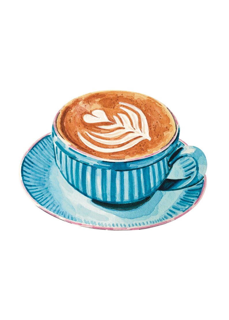 Może przedstawiać: Akwarelowa ilustracja cappuccino w niebiesko-białą filiżance i spodku w paski. Kawa ma dekoracyjny wz&oacute;r liścia w piance. Filiżanka i spodek mają jasnoniebieski kolor z r&oacute;żową obw&oacute;dką.