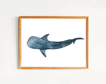 Stampa artistica di squalo balena, squalo balena ad acquerello, stampa artistica dell'oceano, dipinto per amanti dell'oceano, decorazione murale costiera, regalo per amanti della natura, arte per casa al mare