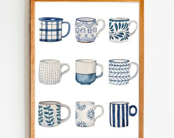 Impresión de taza de café en acuarela, arte de tazas de café azules, decoración de cafetería, arte de pared para el hogar, decoración de pared de cocina, regalo para amantes del café, arte de taza de té
