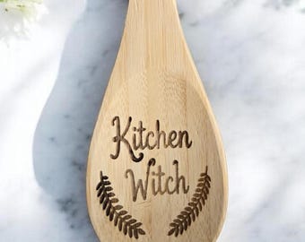 Engraved Bamboo Kitchen Spoon – Botanical Herb Stirrer, Mystical Cottagecore Decor