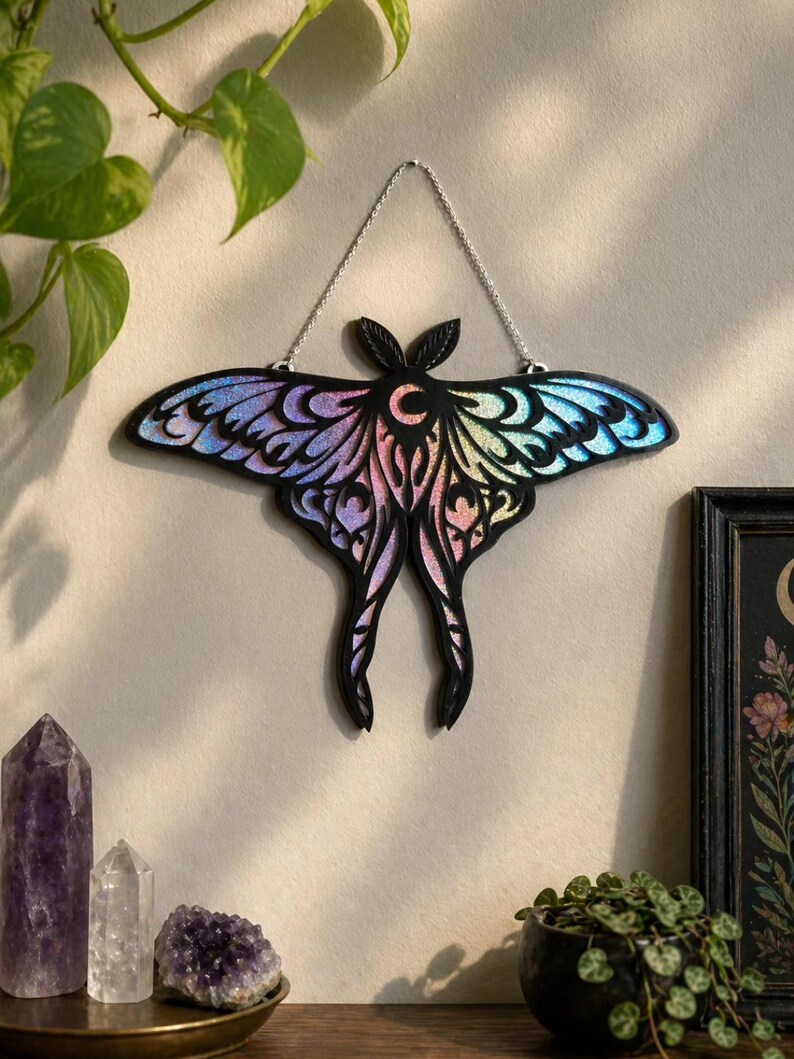 Iridescent Luna Moth Laser Cut Wood Art – Whimsical Celestial Wall ...
