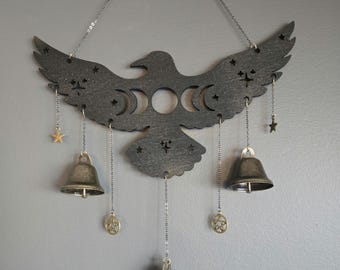 Laser cut, wall hanging/witch bells/raven/witchy decor/pagan/wood/unique wall art
