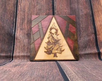 Engraved Pine Wood Camping Scene: Geometric Wall Decor