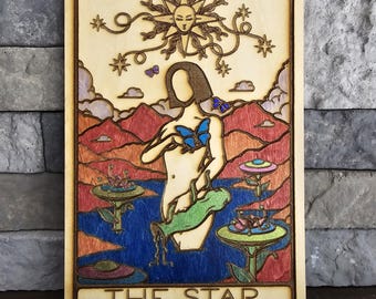 The Star Tarot Card, wood decor, wall art, shelf sitter, gift, witchy decor, altar decor
