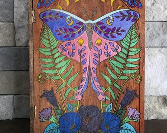 Laser Engraved Wooden Moth Journal • Celestial Botanical Wood Art, Witchy Cottagecore Box