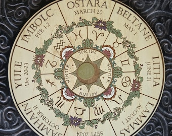 Wooden Wheel of the Year, Pagan Sabbat Calendar, Laser Engraved Wall Art