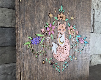 Celestial Fox Wooden Keepsake Box – Hand-Painted Engraved Jewelry Chest, Witchy Decor