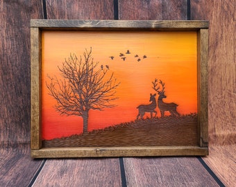 Engraved Buck and Doe Sunset Scene - Farmhouse Wood Wall Decor