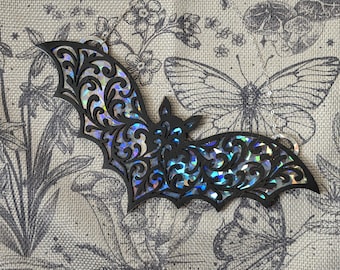 Holographic Bat Sun Catcher, Laser Cut Wood Wall Hanging, Whimsical Gothic Decor