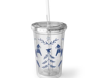 Charming Blue Nordic Holiday Cup with Top and Straw, Perfect for Christmas Parties, Hostess Gift, Kid Friendly Drinkware, Seasonal Cheer