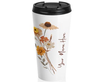 Personalized Fall Floral Travel Mug, Stylish Stainless Steel Coffee Cup, Gift for Her, Hostess Gift, Thanksgiving Travel Mug, Teacher Gift