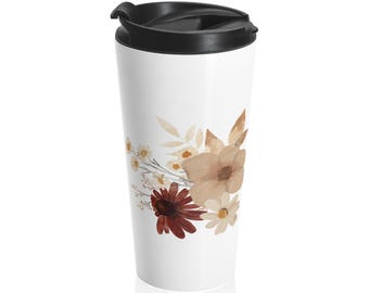 Boho Fall Floral Stainless Steel Travel Mug, Nature Lovers, Eco-Friendly Gift, Birthday, Mother's Day, Thanksgiving, Friendsgiving