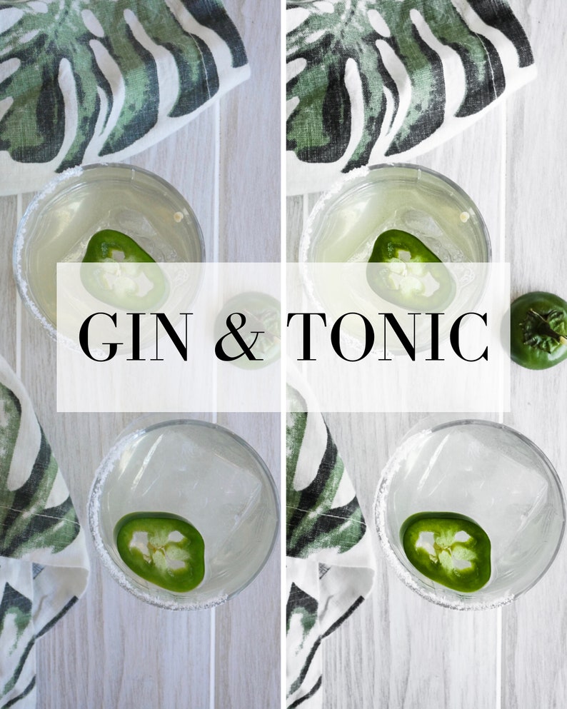 Puede incluir: Dos vasos transparentes con borde salado llenos de un c&oacute;ctel de ginebra y t&oacute;nica. Cada vaso tiene una rodaja de jalape&ntilde;o verde flotando en la bebida. Los vasos est&aacute;n sobre una superficie de madera blanca con una servilleta de tela de patr&oacute;n verde y blanco a cada lado.