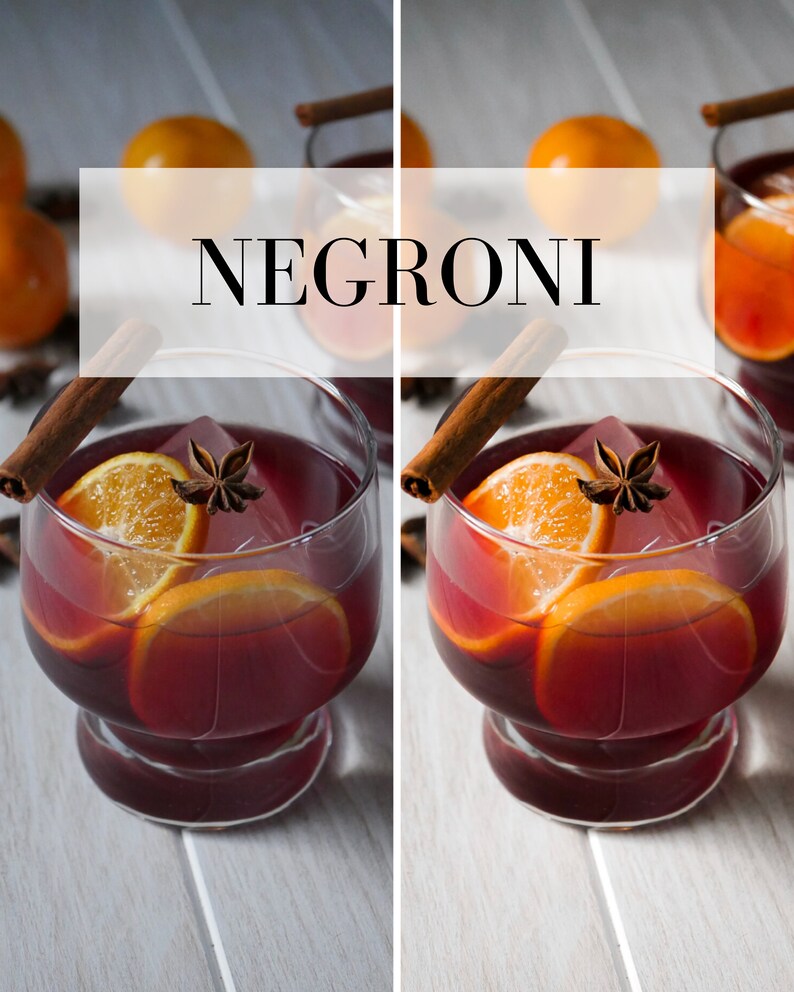 Puede incluir: Primer plano de dos c&oacute;cteles Negroni con rodajas de naranja, an&iacute;s estrellado y palitos de canela. Los c&oacute;cteles est&aacute;n en vasos transparentes y est&aacute;n sobre una superficie de madera blanca.