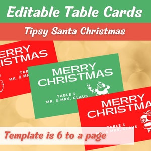 Tipsy Santa Modifiable Merry Christmas Table Name Cards, Retro, Illustration, Home Decor, Entertaining, Edit in Canva, Holiday Party