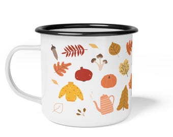 Autumn Vibes Enamel Camp Cup, Cozy Camping Mug, Fall Hiking Cup, Rustic Outdoor Drinkware, Harvest Season Gift