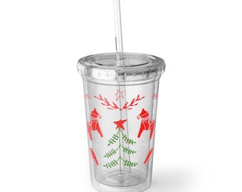 Charming Nordic Holiday Cup with Top and Straw, Perfect for Christmas Parties, Hostess Gift, Kid Friendly Drinkware, Seasonal Cheer