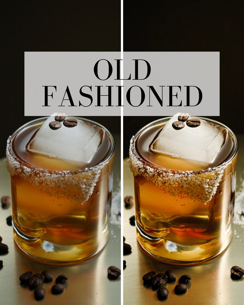 Puede incluir: Dos vasos de c&oacute;cteles Old Fashioned con cubitos de hielo y granos de caf&eacute; sobre una superficie dorada. Los vasos est&aacute;n bordeados de az&uacute;car y los c&oacute;cteles son de color &aacute;mbar oscuro.