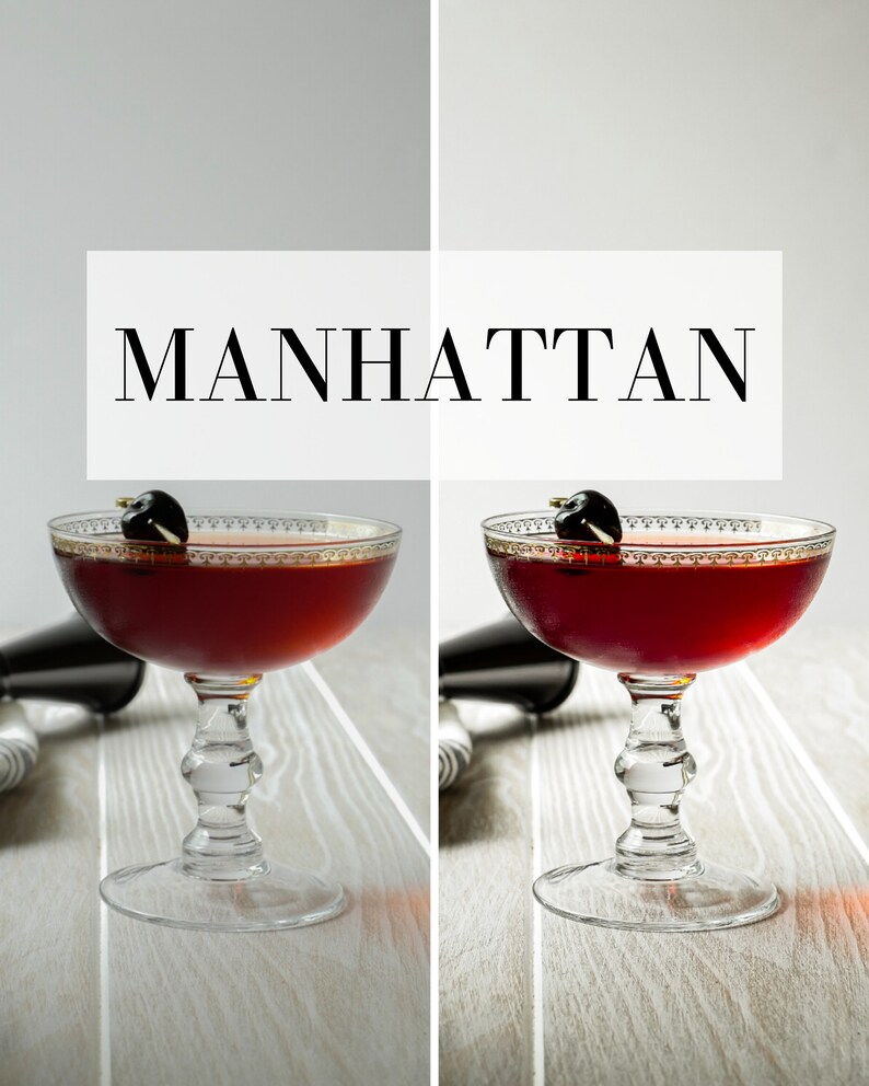 Puede incluir: Dos c&oacute;cteles Manhattan en copas de co&ntilde;ac con cerezas marrasquino sobre una superficie de madera blanca. El texto "MANHATTAN" se muestra en un rect&aacute;ngulo blanco sobre las copas.