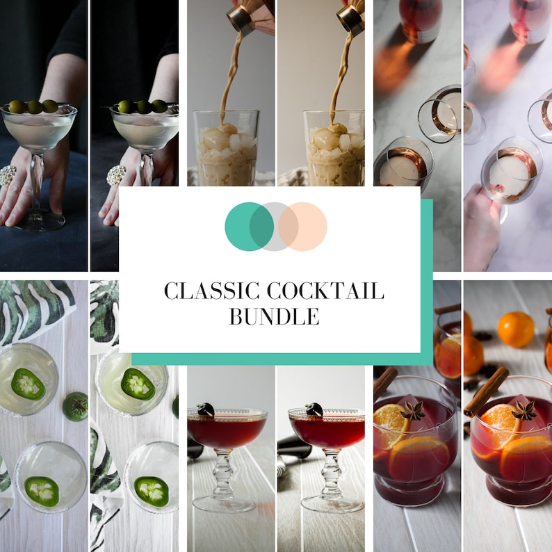 Puede incluir: Un collage de nueve im&aacute;genes que muestran una variedad de c&oacute;cteles cl&aacute;sicos. Las im&aacute;genes presentan bebidas como un martini, un Moscow mule, una margarita, un Manhattan, un negroni, un mimosa, un bloody mary, un cosmopolitan y un white russian. El collage se titula "Classic Cocktail Bundle".