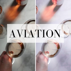 Puede incluir: Dos im&aacute;genes una al lado de la otra de una copa de vino rosado sostenida contra un fondo de m&aacute;rmol blanco. La palabra "AVIATION" est&aacute; escrita en texto negro sobre un rect&aacute;ngulo blanco en el centro de la imagen.